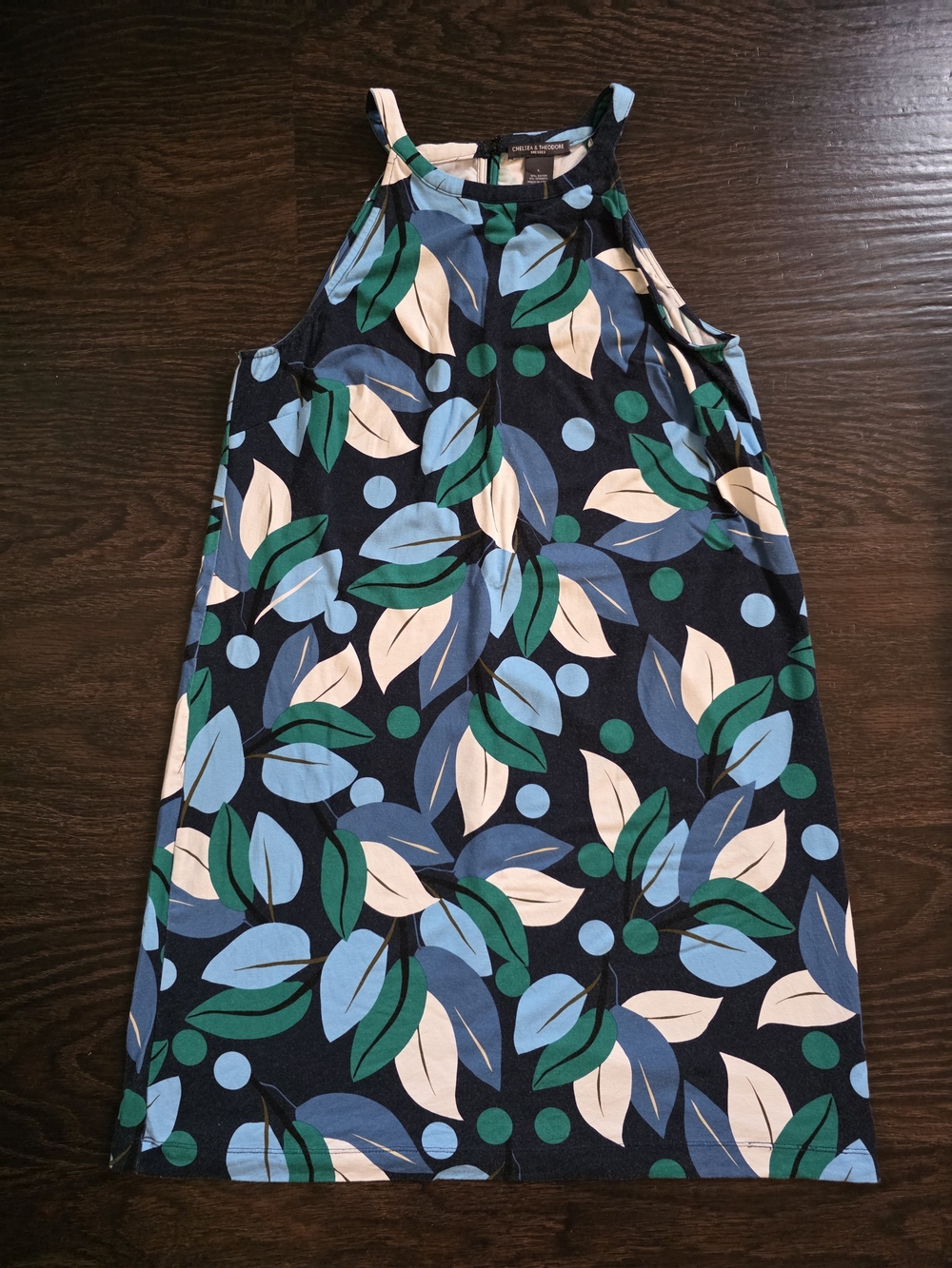 CHELSEA & THEODORE Floral Leaf Halter Shift Dress in Navy, Green & Light Blue